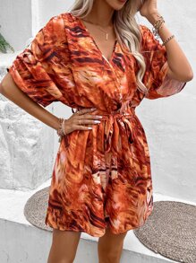 SHEIN VCAY Allover Print Batwing Sleeve Belted Romper - Orange - View 2