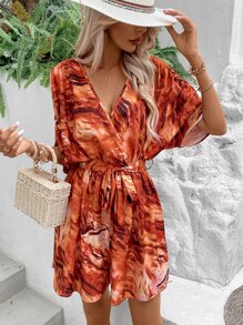 SHEIN VCAY Allover Print Batwing Sleeve Belted Romper - Orange - View 6