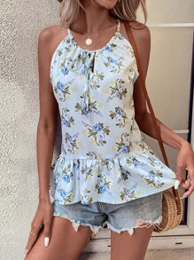 SHEIN VCAY Floral Print Tie Front Halter Top - Multicolor - View 4