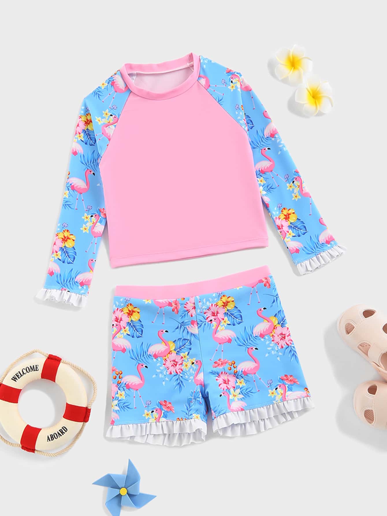 Young Girl Floral & Flamingo Print Ruffle Trim Rashguard Summer Beach - Multicolor - View 1