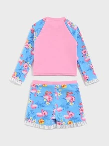 Young Girl Floral & Flamingo Print Ruffle Trim Rashguard Summer Beach - Multicolor - View 2