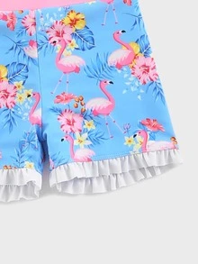Young Girl Floral & Flamingo Print Ruffle Trim Rashguard Summer Beach - Multicolor - View 3