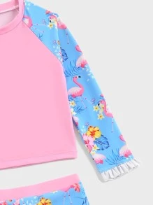 Young Girl Floral & Flamingo Print Ruffle Trim Rashguard Summer Beach - Multicolor - View 4
