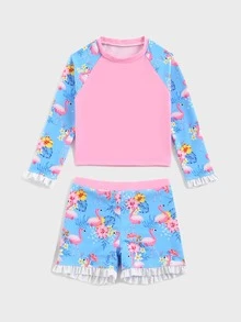 Young Girl Floral & Flamingo Print Ruffle Trim Rashguard Summer Beach - Multicolor - View 5