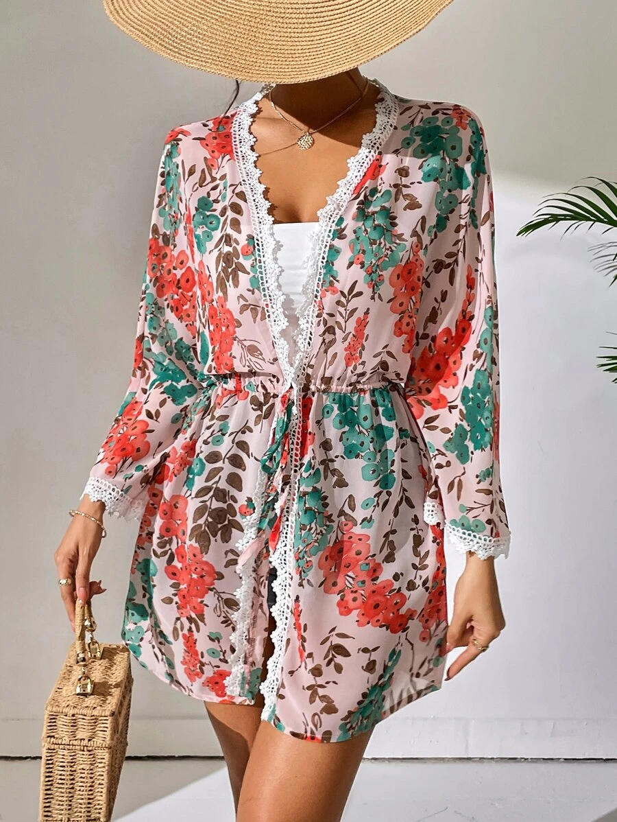 Joress Floral Print Lace Trim Kimono - Multicolor - View 1