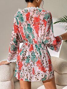 Joress Floral Print Lace Trim Kimono - Multicolor - View 2