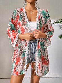 Joress Floral Print Lace Trim Kimono - Multicolor - View 3