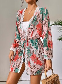 Joress Floral Print Lace Trim Kimono - Multicolor - View 4