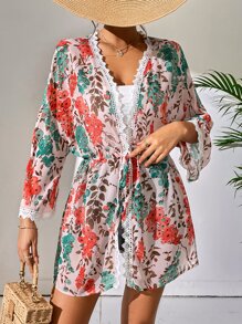 Joress Floral Print Lace Trim Kimono - Multicolor - View 5