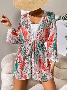 Joress Floral Print Lace Trim Kimono - Multicolor - View 6