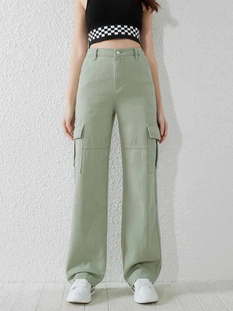 SHEIN Teen Girls Flap Pocket Cargo Jeans - Green - View 3
