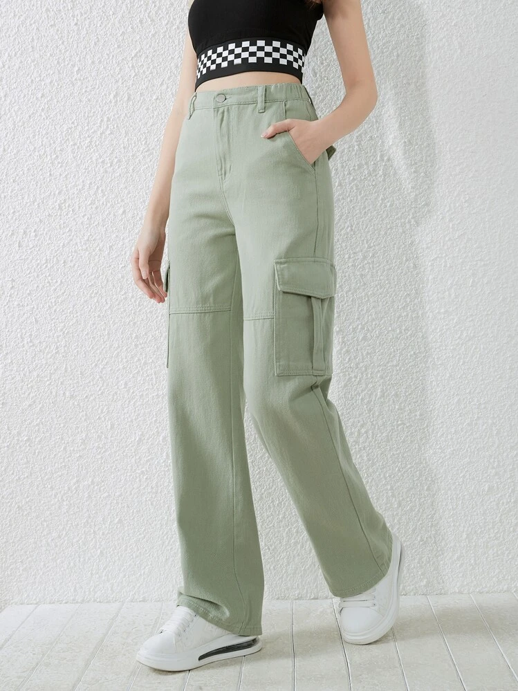 SHEIN Teen Girls Flap Pocket Cargo Jeans - Green - View 4