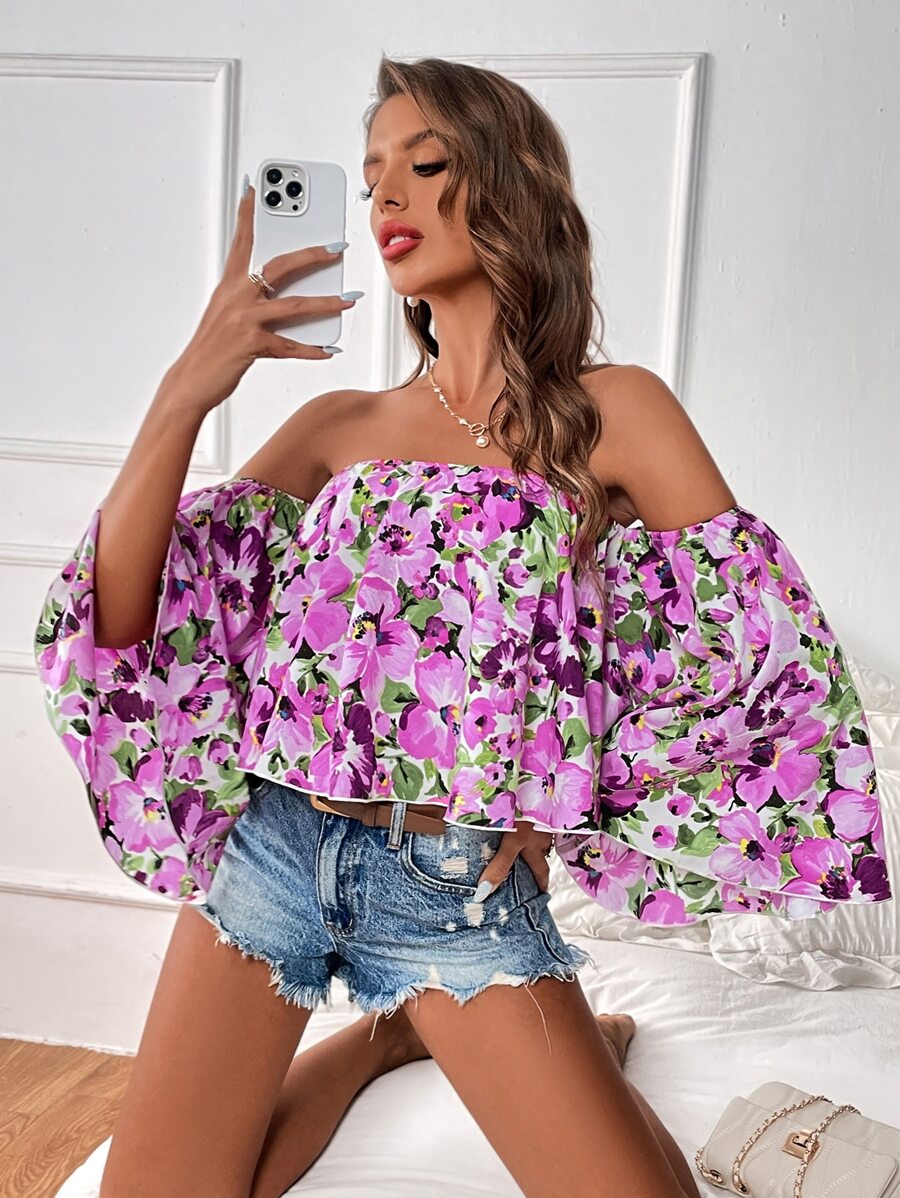 SHEIN VCAY Blusa con estampado floral de hombros descubiertos ribete con fruncido