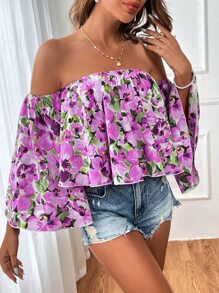 SHEIN VCAY Blusa con estampado floral de hombros descubiertos ribete con fruncido