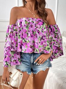SHEIN VCAY Blusa con estampado floral de hombros descubiertos ribete con fruncido