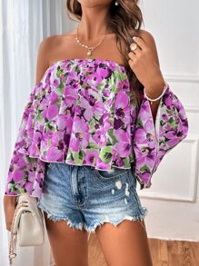 SHEIN VCAY Blusa con estampado floral de hombros descubiertos ribete con fruncido