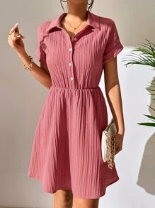 SHEIN Holidaya Half Button Plisse Shirt Dress - Coral Pink - View 1