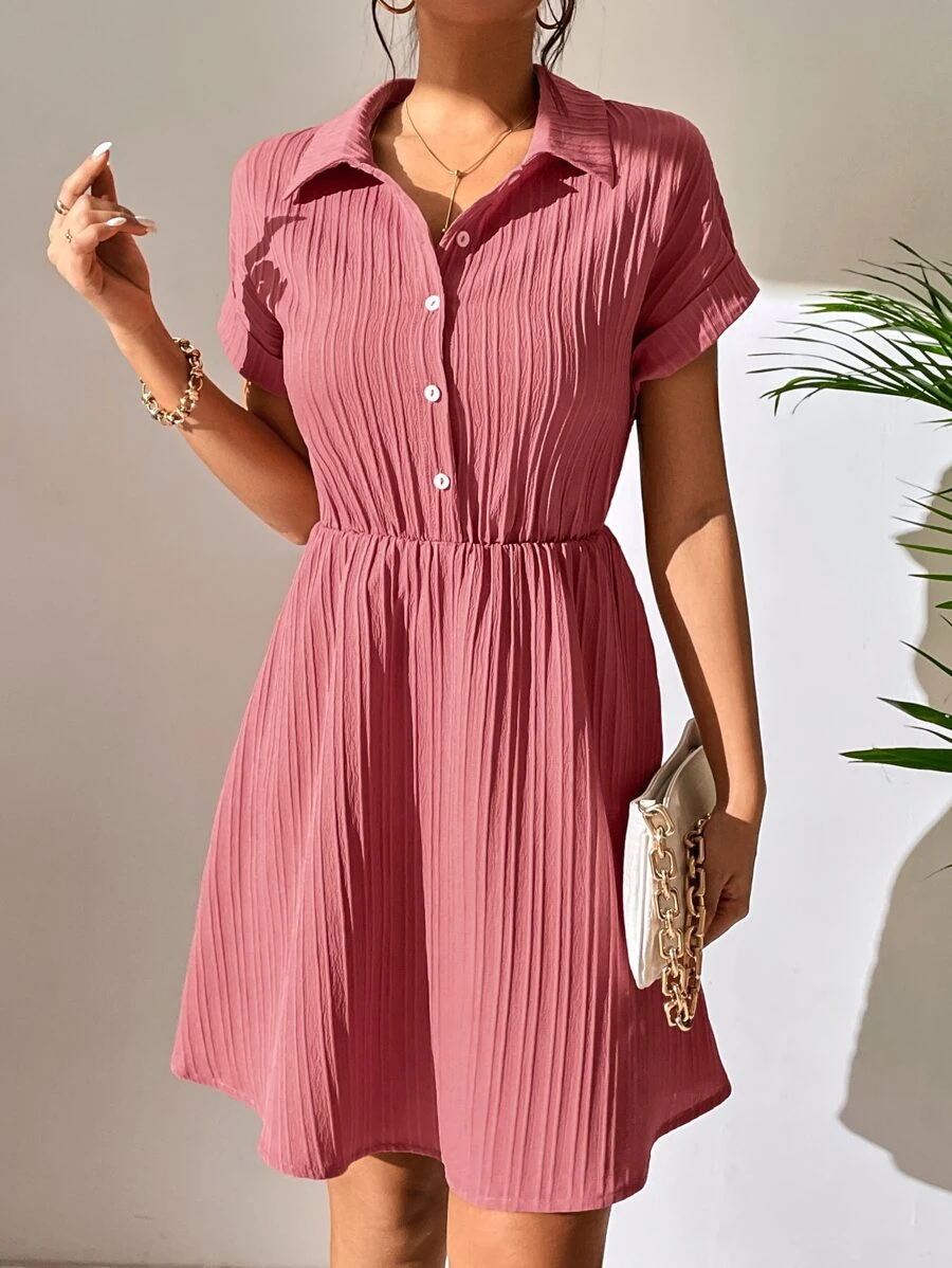 SHEIN Holidaya Half Button Plisse Shirt Dress - Coral Pink - View 1