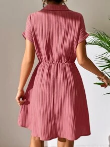SHEIN Holidaya Half Button Plisse Shirt Dress - Coral Pink - View 2