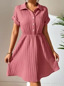 SHEIN Holidaya Half Button Plisse Shirt Dress - Coral Pink - View 3