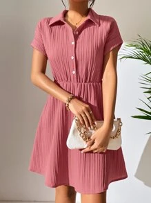 SHEIN Holidaya Half Button Plisse Shirt Dress - Coral Pink - View 4
