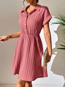 SHEIN Holidaya Half Button Plisse Shirt Dress - Coral Pink - View 5