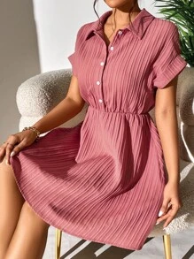 SHEIN Holidaya Half Button Plisse Shirt Dress - Coral Pink - View 6
