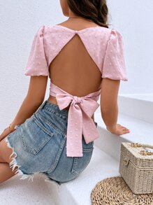 SHEIN WYWH 圓點泡泡袖後背繫帶襯衫 - 淺粉色 - 查看 3