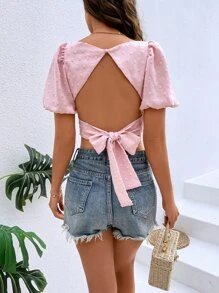 SHEIN WYWH 圓點泡泡袖後背繫帶襯衫 - 淺粉色 - 查看 4