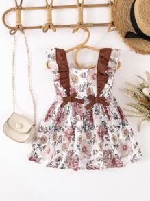 Bebé Vestido con estampado floral ribete con fruncido con lazo delantero - Multicolor - Ver 1