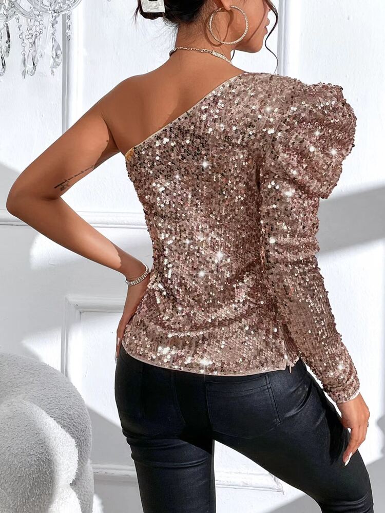 One Shoulder Gigot Sleeve Sequin Blouse