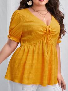 SHEIN VCAY Plus Solid Tie Front Peplum Blouse - Mustard Yellow - View 4