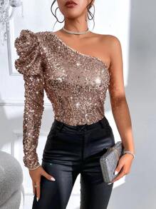 SHEIN BAE 單肩羊腿袖亮片襯衫 - 藕粉色 - 查看 3