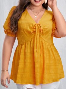 SHEIN VCAY Plus Solid Tie Front Peplum Blouse - Mustard Yellow - View 2