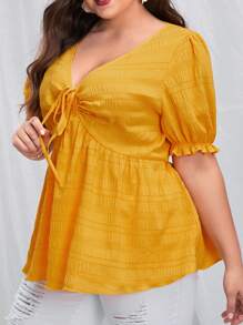 SHEIN VCAY Plus Solid Tie Front Peplum Blouse - Mustard Yellow - View 3