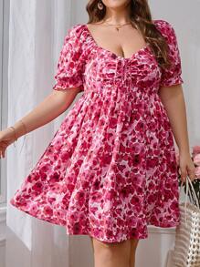 SHEIN VCAY Plus Floral Print Sweetheart Neck Puff Sleeve Ruched Bust Dress - Multicolor - View 2