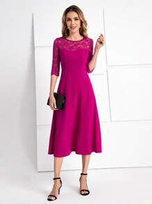 EMERY ROSE Contrast Lace A-line Dress - Red Violet - View 1