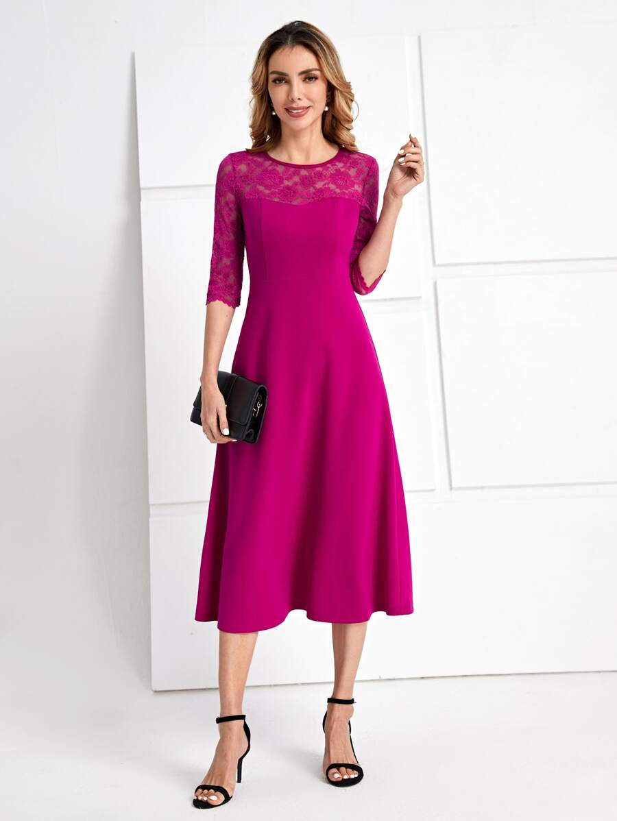 EMERY ROSE Contrast Lace A-line Dress - Red Violet - View 1