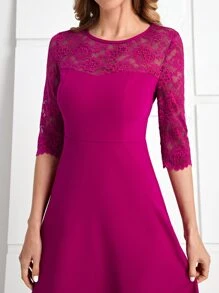 EMERY ROSE Contrast Lace A-line Dress - Red Violet - View 3