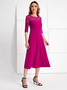 EMERY ROSE Contrast Lace A-line Dress - Red Violet - View 4