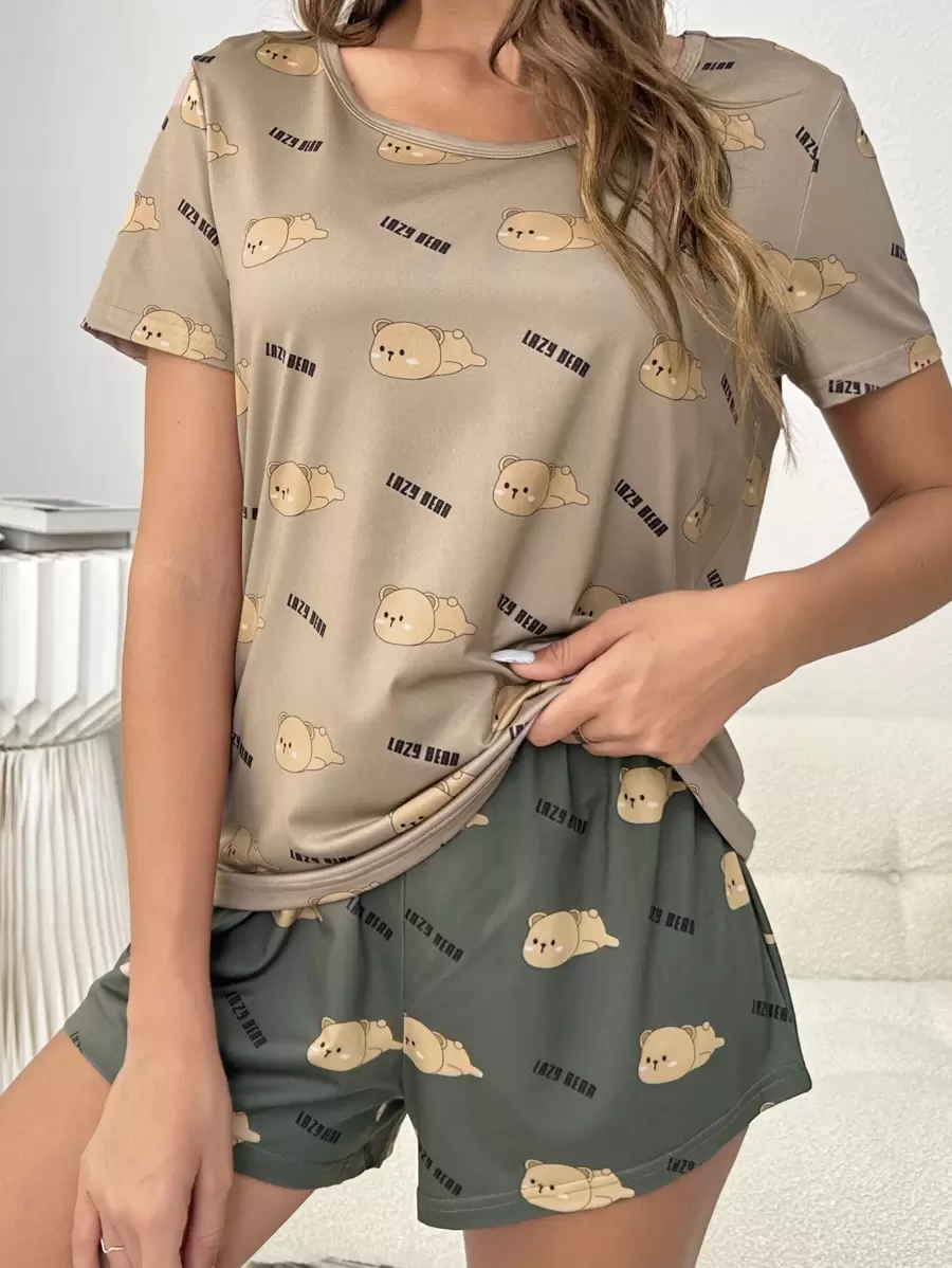 卡通熊＆字母图案睡衣套装 / 睡衣套装 - 彩色 - 查看 1