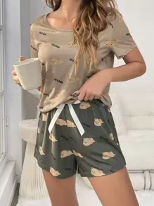 卡通熊＆字母图案睡衣套装 / 睡衣套装 - 彩色 - 查看 3