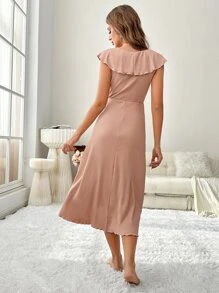 交疊領荷葉邊休閒服連衣裙 - 珊瑚粉 - 查看 2