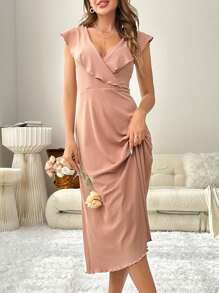 交疊領荷葉邊休閒服連衣裙 - 珊瑚粉 - 查看 3