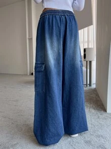 DAZY Elastic Waist Flap Pocket Cargo Jeans - Medium Wash - View 2