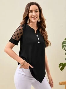 EMERY ROSE Blusa con panel de malla de dobby, cuello con muesca, manga corta - Negro - Ver 3