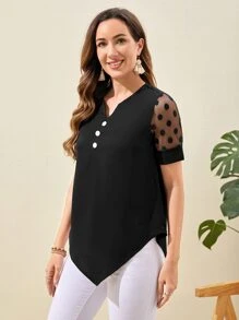 EMERY ROSE Blusa con panel de malla de dobby, cuello con muesca, manga corta - Negro - Ver 4