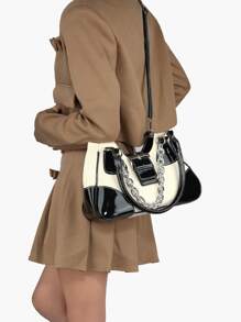 Không thấm nước, nhẹ, túi đeo vai trang trí hai tông màu có khóa & dây chuyền dành cho nữ tuổi teen Sinh viên đại học, tân binh và nhân viên cổ trắng Hoàn hảo cho văn phòng, đại học, công việc, kinh doanh, đi làm - Đen và trắng - Xem 5