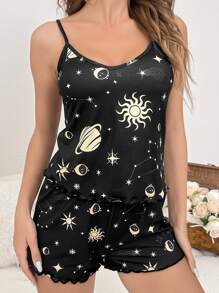 Galaxy Print Cami Top & Shorts PJ Set - Black - View 1