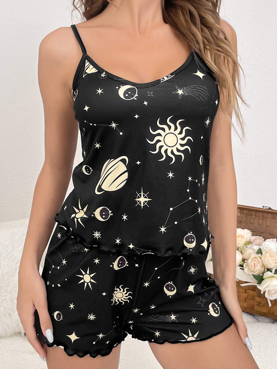 Galaxy Print Cami Top & Shorts PJ Set - Black - View 1